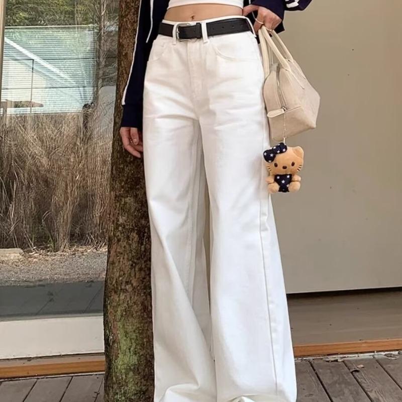 JYL Women's White Jeans Spring High-Waist Loose Slim Versatile Straight Denim