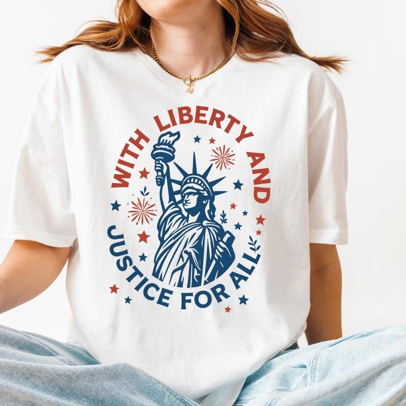 Statue of Liberty T-Shirt, With Liberty and Justice Tee L