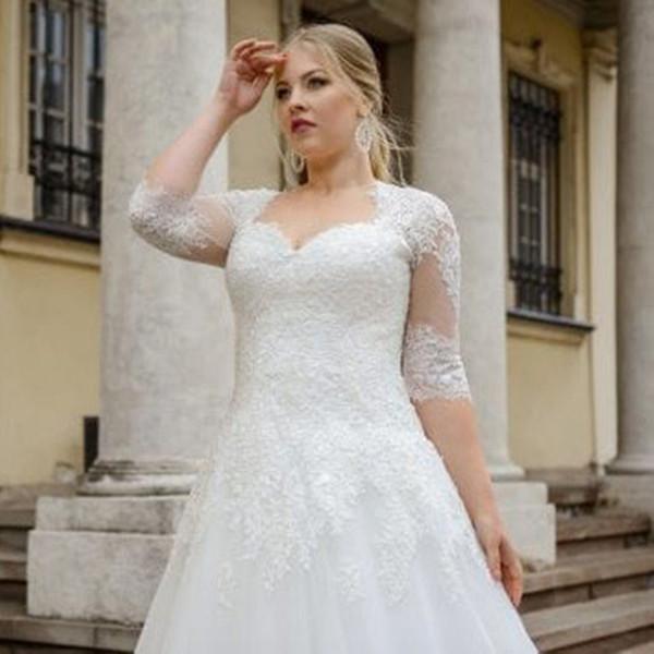 A Line Plus Size Wedding Dress With Half Sleeve Custom Made Lace Appliques Lace Up Back  Dress For Big Size Women