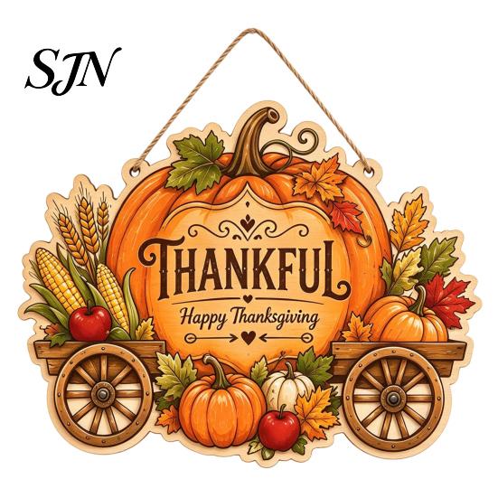 Thanksgiving Door Hanging Ornament Front Sign, Pumpkin Turkey Pattern Hanger, Autumn Decorative Wooden Plaque Harvest Wall for Farmhouse Porch