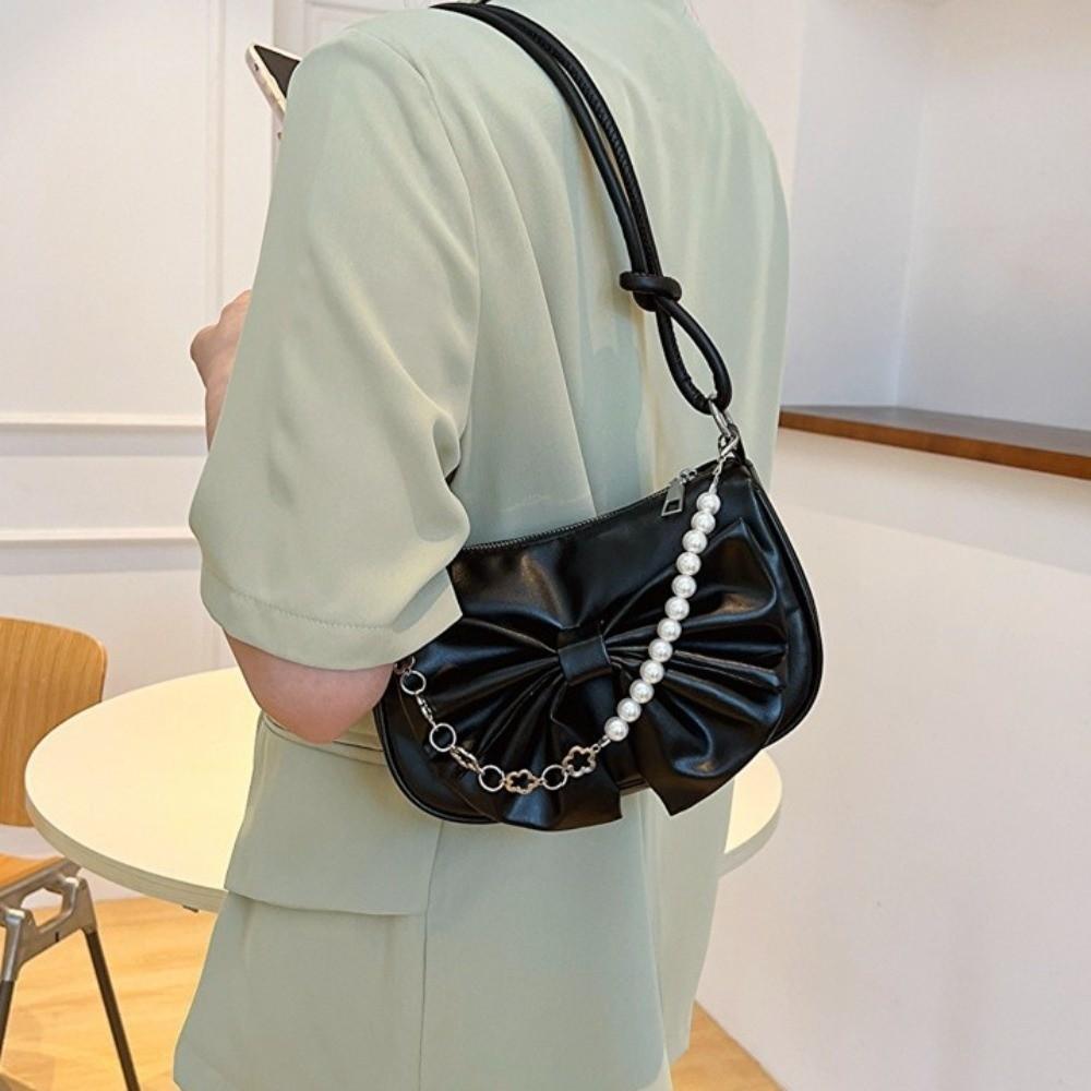 PU Leather Women Underarm Bag Solid Color Bow Handbag Fashion Bowknot Shoulder Bag  Office Worker