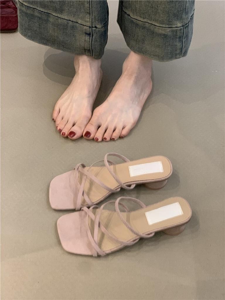 Coarse Heel French Small Cool Slippers Women's Shoes 2025 New Pink with Skirt Evening Breeze Word with Thick Heel Sandals Women