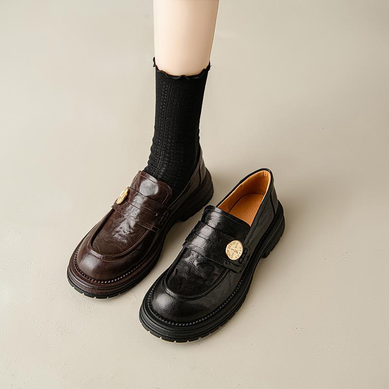 Cowhide version~ British style round head medium heel thick heel single shoes women's retro leather loafers versatile platform small leather shoes