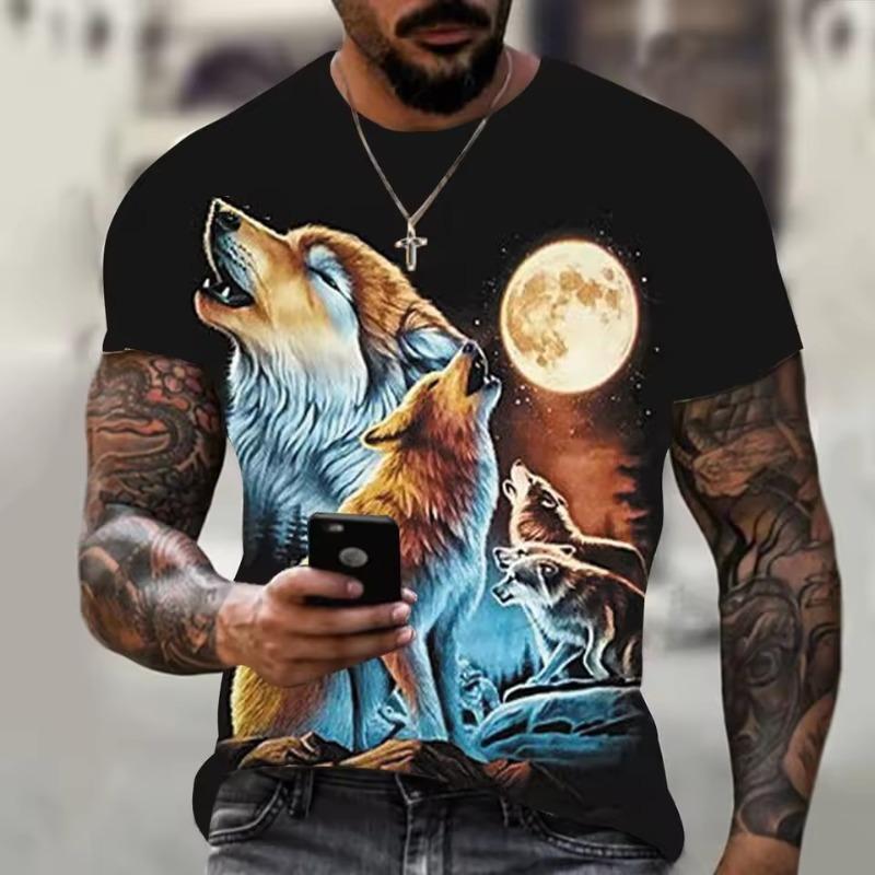 Animal Wolf Print T Shirt for Men Summer Polyester Round Neck Loose Short Sleeve Streetwear Oversized T-shirts Casual Tops Tees