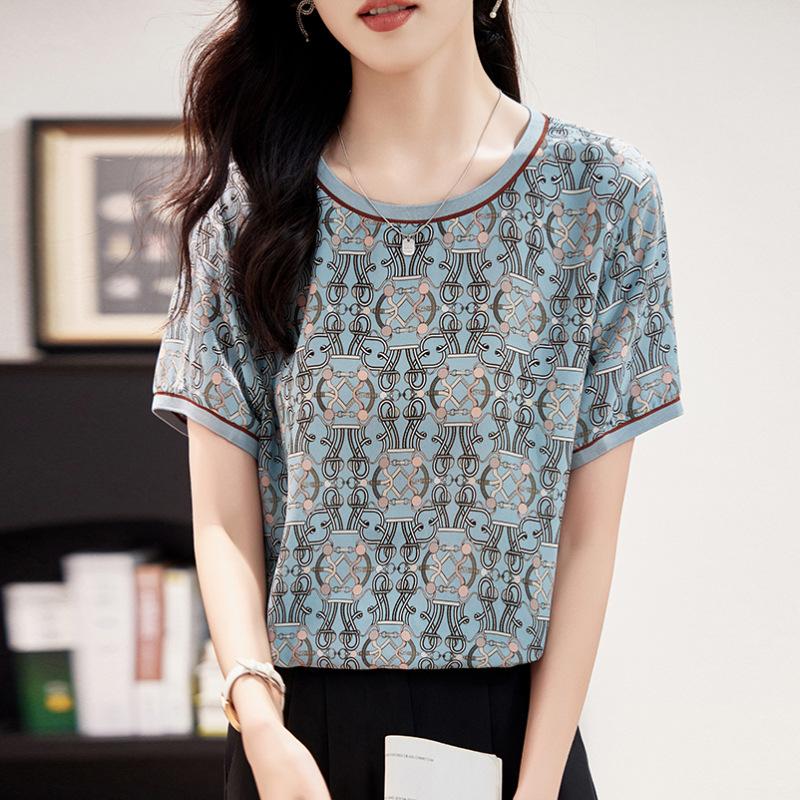 

Женская шелковая футболка новая с принтом короткий рукав модная футболка из шелка тутового дерева топ 3XL [Recommended 135~ 72.5 kg]