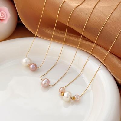 Minimalistische goldfarbene Süßwasserperlenkette - Nicht anlaufende Luxus-Titanstahl Damen Schlüsselbeinkette