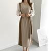 Vintage Frühling Herbst Frauen Lange Kleid Oansatz Volle Hülse Spitze-Up Patchwork Weibliche Pullover Kleid Dünne Gestrickte Vestidos 2021