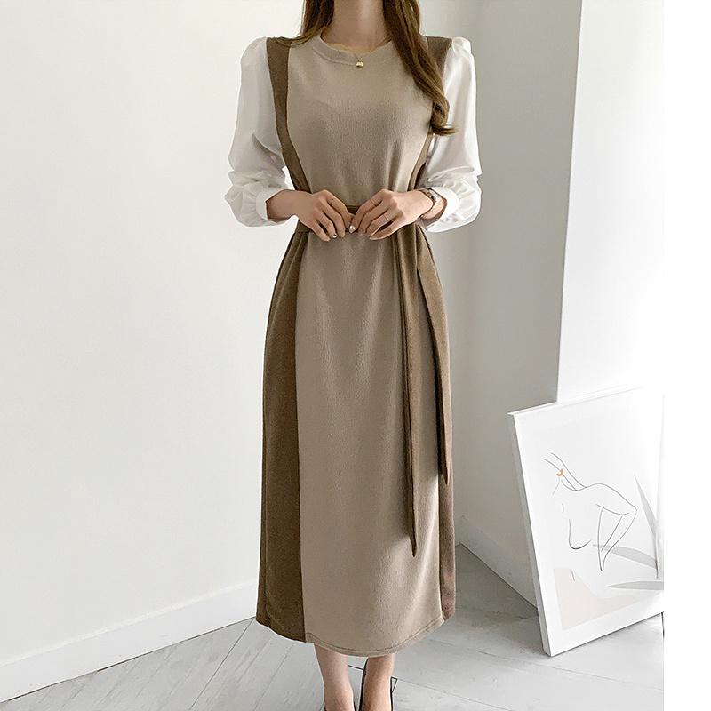Vintage Frühling Herbst Frauen Lange Kleid Oansatz Volle Hülse Spitze-Up Patchwork Weibliche Pullover Kleid Dünne Gestrickte Vestidos 2021