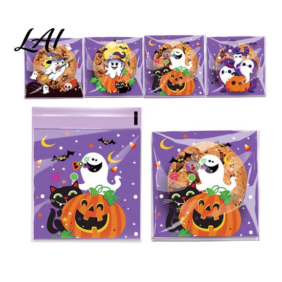 Self Adhesive Treat Bags 100 Pcs Small Halloween Bags Seal Clear Candy Dessert Snack Cookie Trick or Party Favors for Holiday Cute Cartoon Pouches