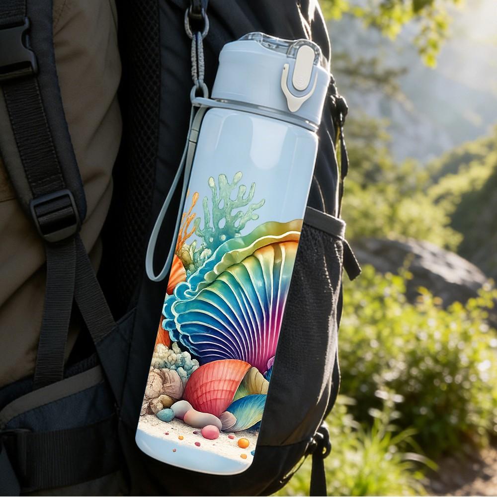 1PC Coral Shell Tropical Ocean Print 750ml Color Plastic Sports Water Bottle Leakproof Flip Straw Lid Suitable for Sports Office Home Use