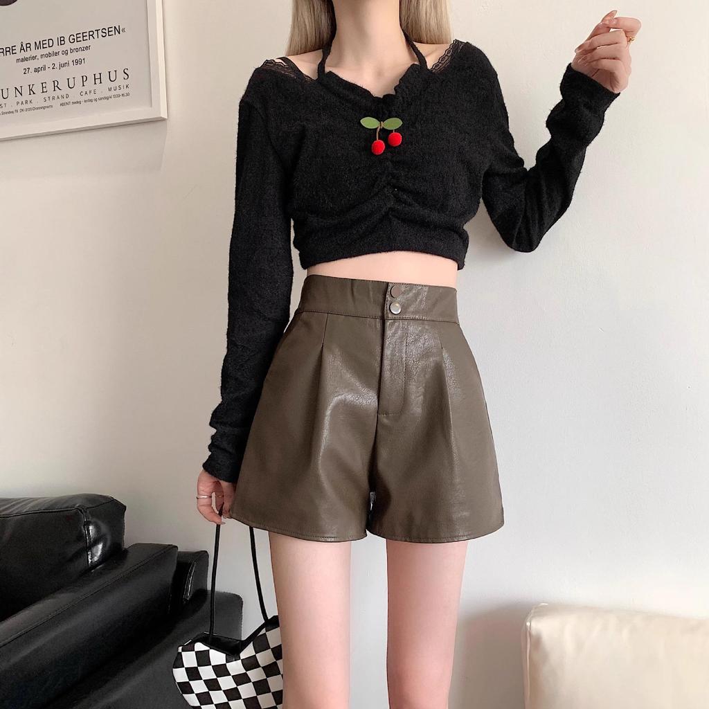 Women's High-Waist PU Leather Shorts, Autumn/Winter 2024, Slim A-Line Brown Wide-Leg Pants, Suitable for Outerwear or Boots.