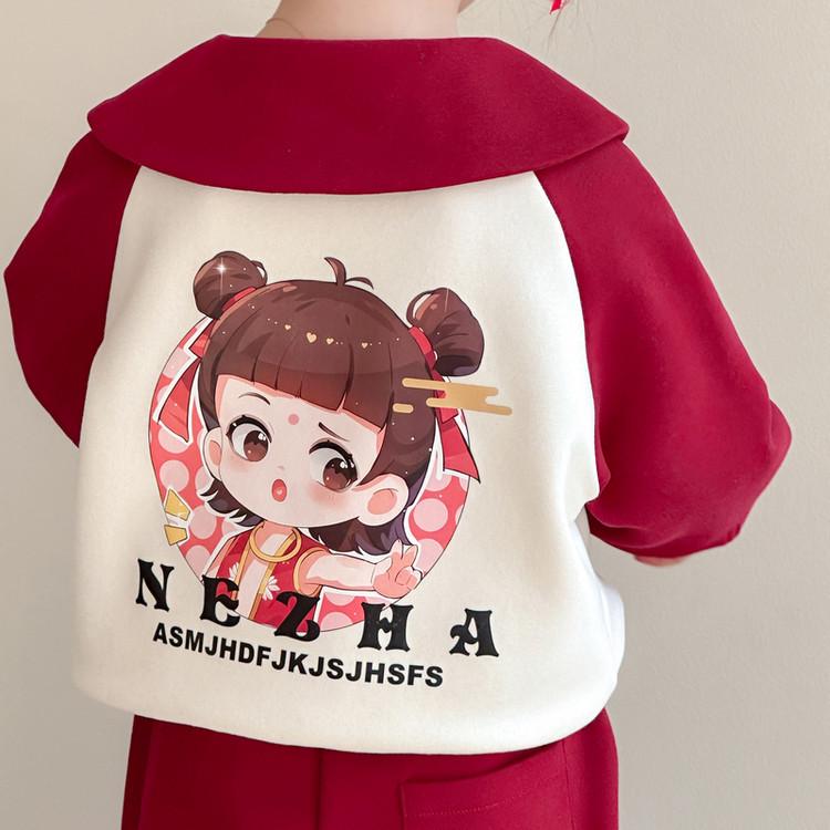 Meng Tang Tang Spring Collection: Korean Style Nezha Hoodie & Cartoon Jacket Set for Baby Girls