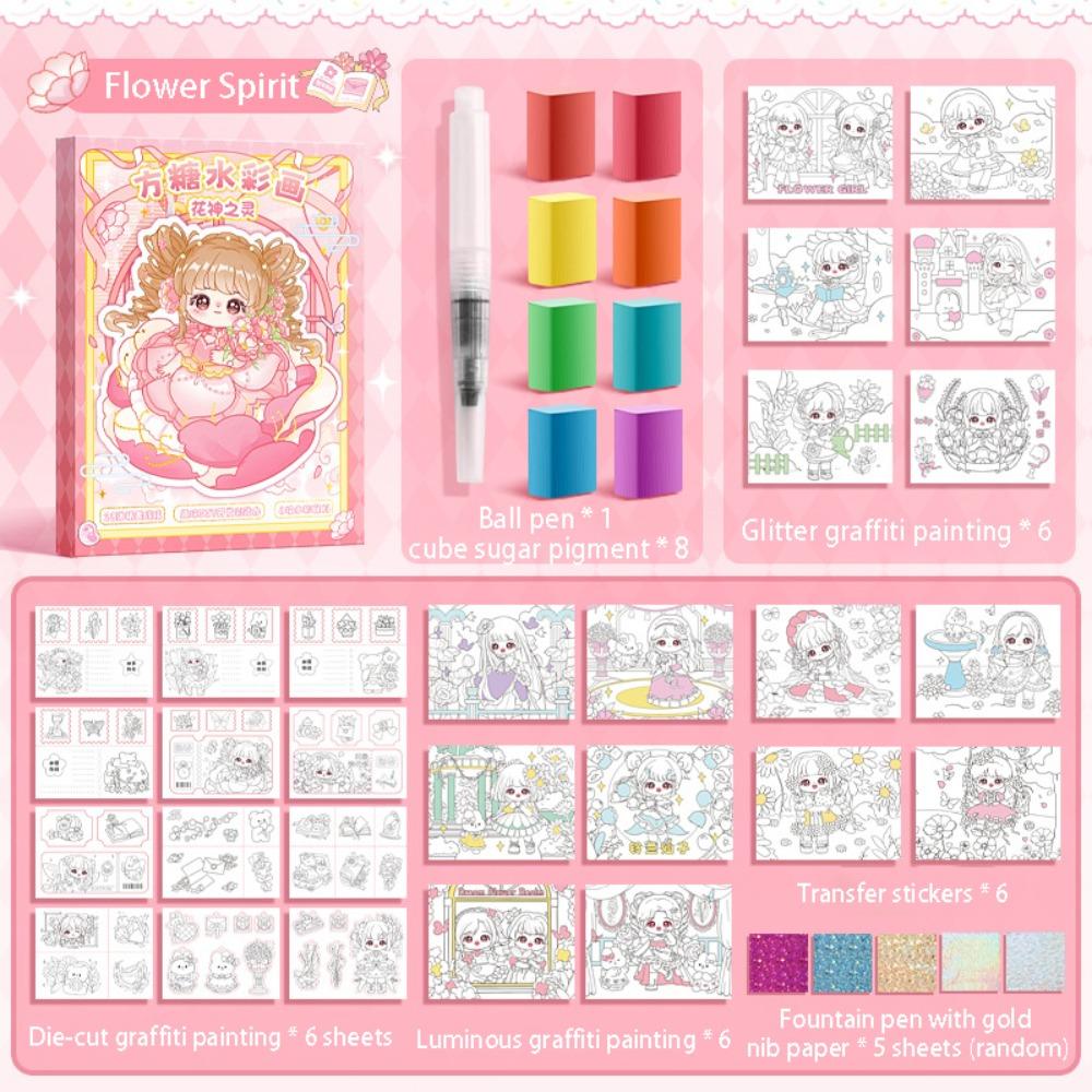 

Cute Kids Watercolor Painting Book Paper Filling Color Book Set Water Drawing Book Girls Flower Spirit
