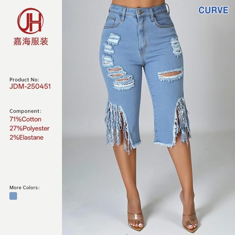 Damen High Waist Denim Capri-Hose Lockere Bermuda-Jeans Mit Rissigem Fransenbesatz Leichte Dehnung Große Größen Unterteile Für Herbst Street Style