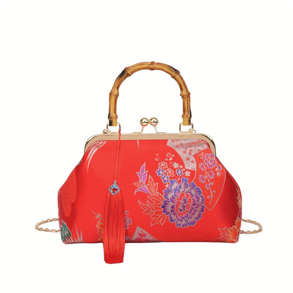 Damen Abend-Clutch Tasche Retro Stickerei Quasten Handtasche Formelle Crossbody Taschen für Hochzeit Cocktailparty