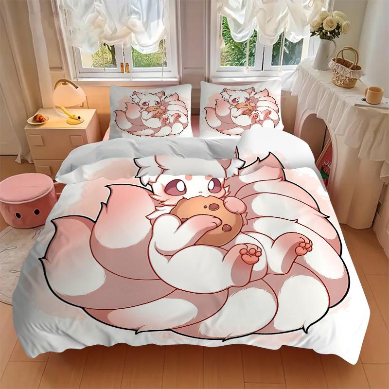 3pcs Winning Cute Nine Tailed Fox Cartoon Design Quilt Cover Set - Soft and Cozy Bedroom, Guest Room and Dorm Decorative Bedding 3-Piece Set 1 Qu
