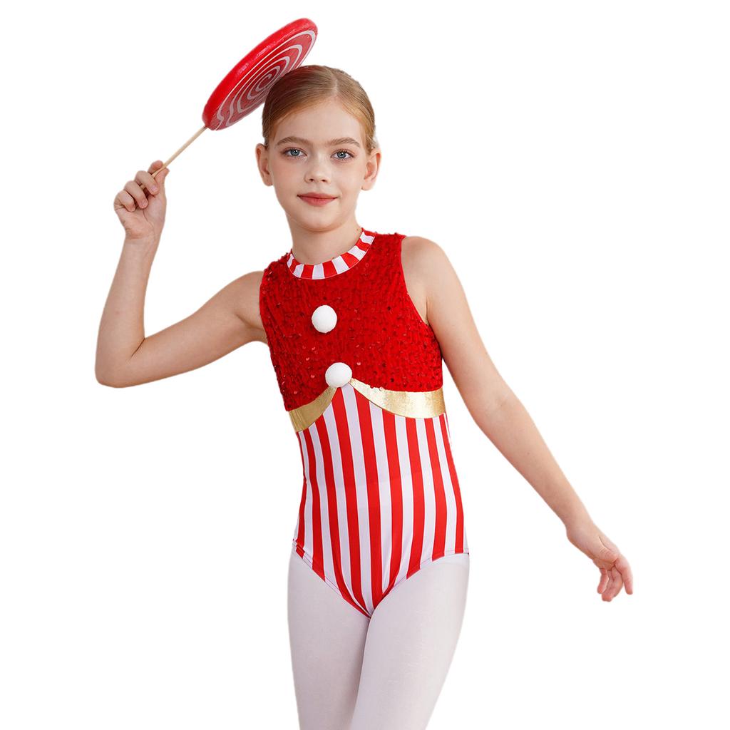 Girls Candy Cane Costume Sleeveless Stripes Sequins Bodysuit Figure Skating Jumpsuit Christmas Party Outfit