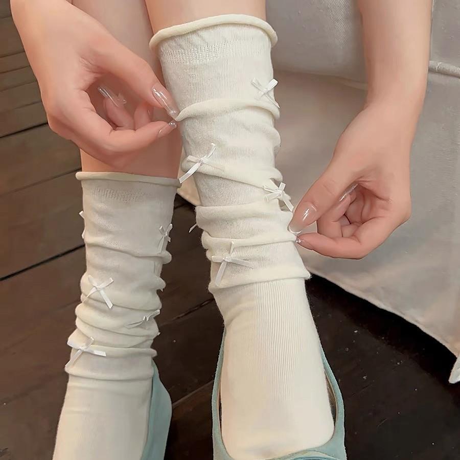 Lace Bow Calf Socks Women'S Solid Color Season Thin Curled Black And White Girl Style Stacking Socks