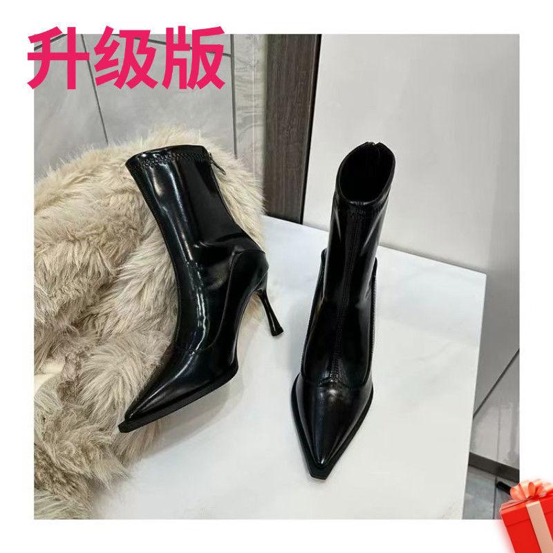 High-heeled short boots women's 2025 autumn and winter new Korean version versatile pointed ankle boots French retro brown elastic thin boots