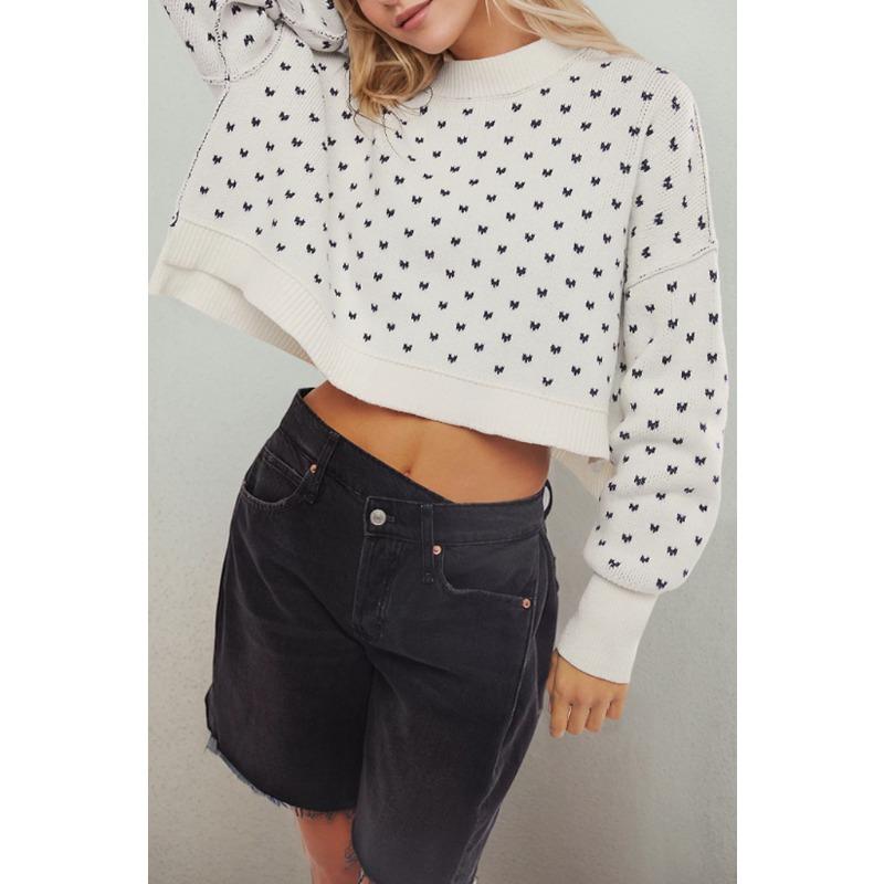 Women's Red Cropped Knit Sweater White Butterfly Pattern Round Neck Casual Pullover Top