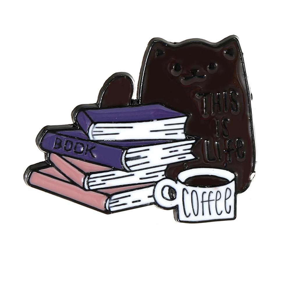 4 Styles Cute Cat &Book And Coffee Design Enamel Brooches Kitten Kitty Reading Drinking Enamel Pins For Pet Lovers Gif t black