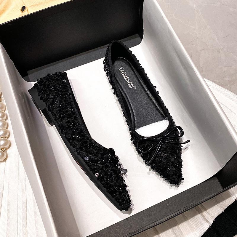 B62025 Spring Sparkling Sequins Delicate Small Pointed Head Shallow Mouth Soft Sole Dating Bow Single Shoes Women