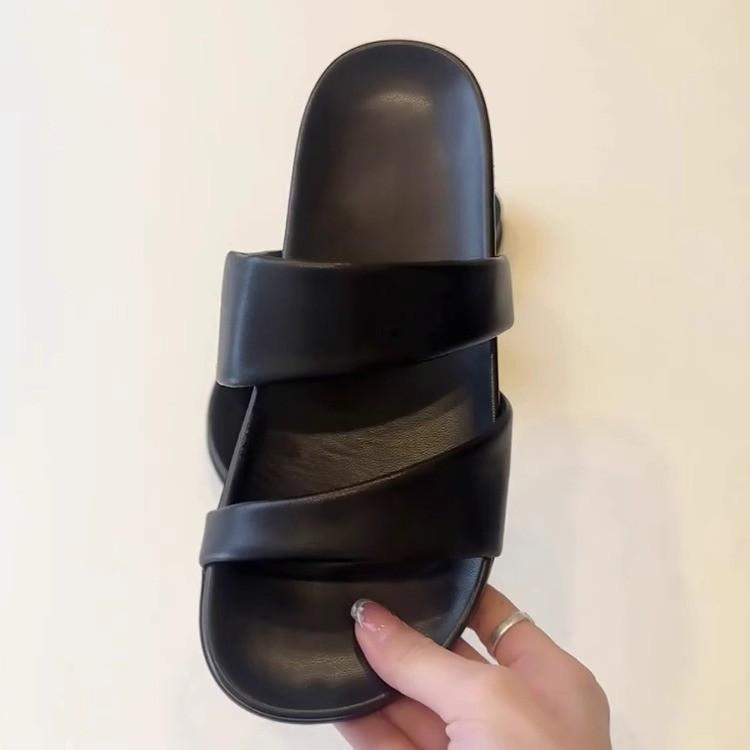 Soft Leather Version~ Summer New Niche Thick-soled One-word Cool Slippers for Women's Outer Wear Cover-toe Casual Beach Flat-bottomed Slippers for W