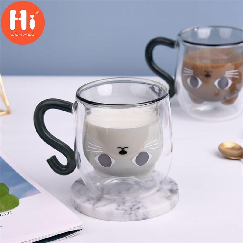 Hallo Doppelwandiges Glas Milch Saft Tasse Kreative Nette Katze Form Kaffeetasse Cartoon Paar Teetasse mit Deckel Haushalt Büro Drinkware