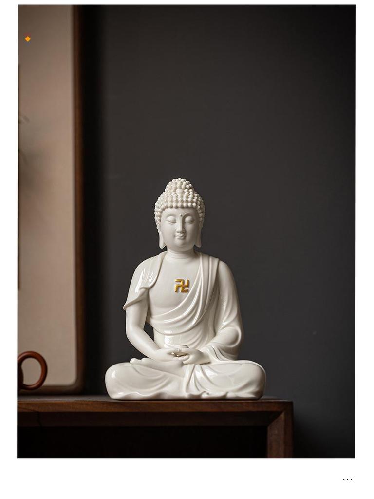 Keramik Shakyamuni Buddha Statue - Wohnzimmer Kunstwerk mit den Drei Heiligen und Lichtkreis Design