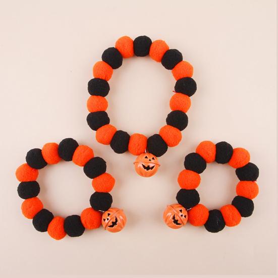 Small Dog Collar for Halloween Pom-Pom Pet Collar, Cute Stretch Cat with Pumpkin Stretchy Bell, Soft Black Orange Pom-Poms Cats Dogs