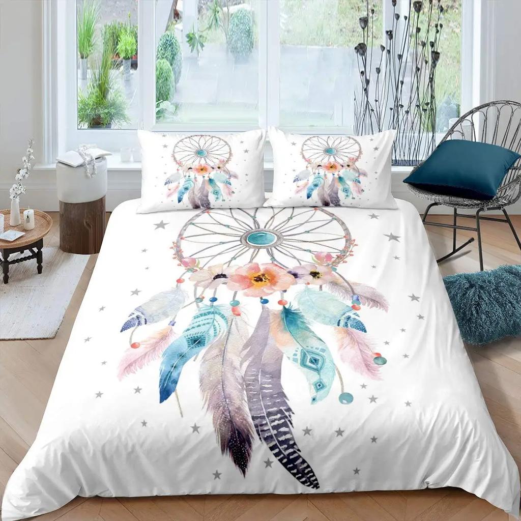 Dream Catcher Duvet Cover Set Purple Bedding Set Chic Boho Mandala Floral Feather Design Galaxy Comforter Cover Set Queen Size
