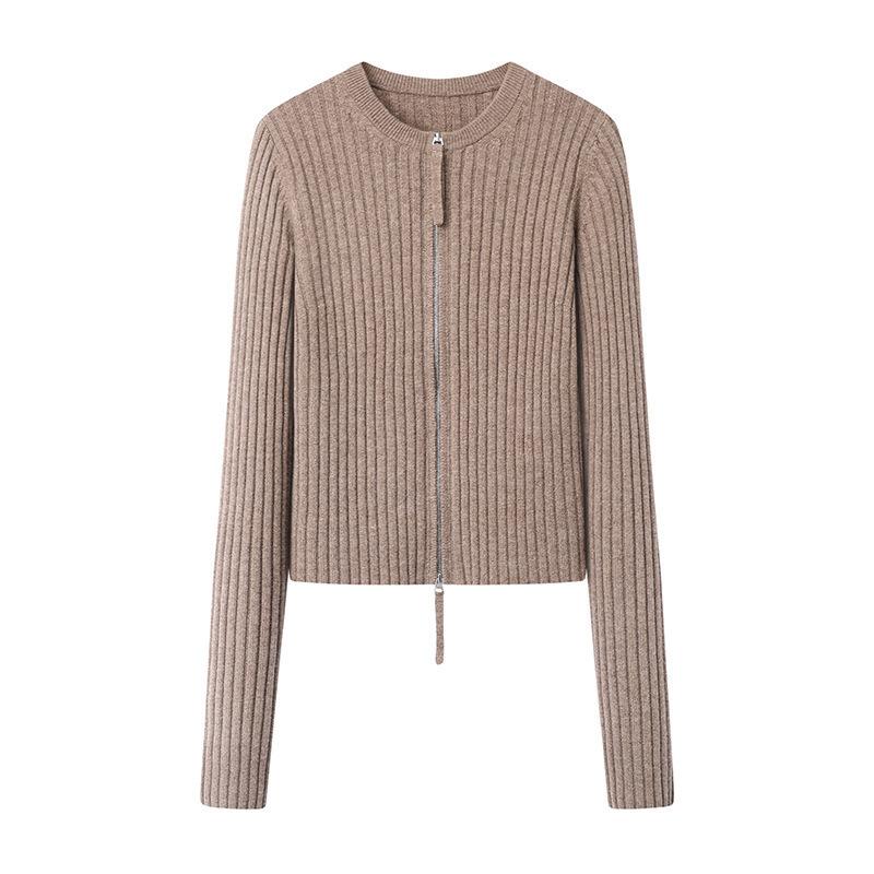 Knitted Knit Sweater with Zipper Slim Fit Sweater Early Autumn Women's Top Round Neck