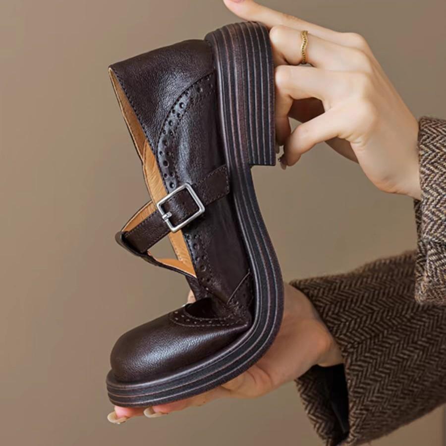 Fashion Women's Shoes T Strap Casual Vintage Lambskin Openwork Flower Flat Heel Loafers Women New Shoes Round Head  Leisure Daily Shoe