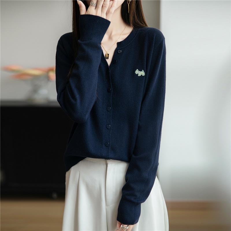 2025 Early Autumn Slimming Embroidered Cardigan - Women's Long Sleeve Notched Collar Knitwear