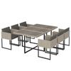 7 Piece Rattan Garden Furniture Set, Garden Dining Set with Wood-Plastic Table and 6 Stackable Chairs, Light Grey