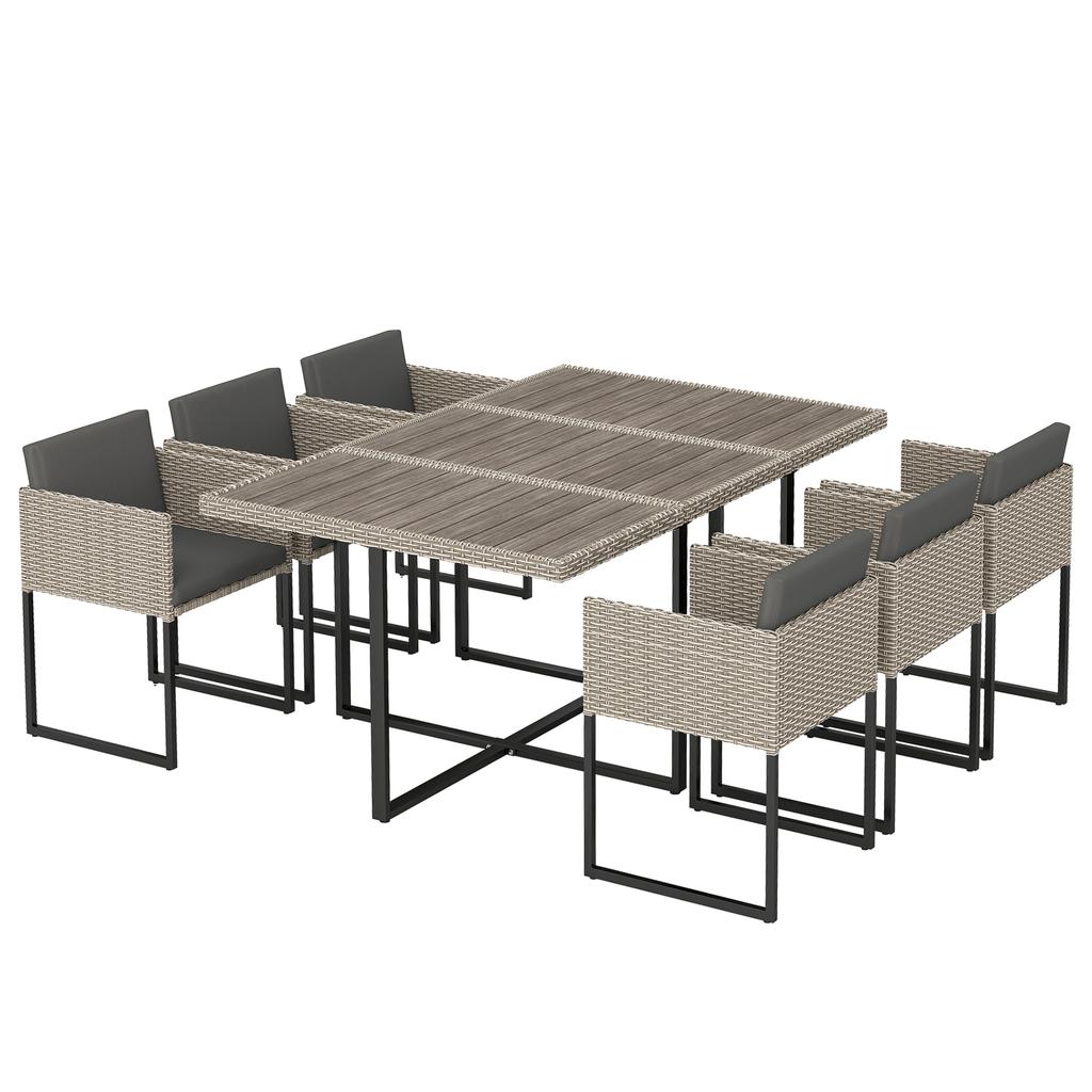 7 Piece Rattan Garden Furniture Set, Garden Dining Set with Wood-Plastic Table and 6 Stackable Chairs, Light Grey