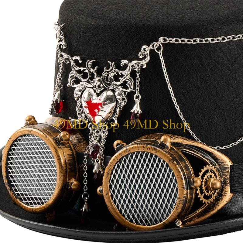 49MD Gothic Rock Wool Top Hat With Chain Pendant Mechanical Gears Removable Goggles And Dramatic For Costume Accessories