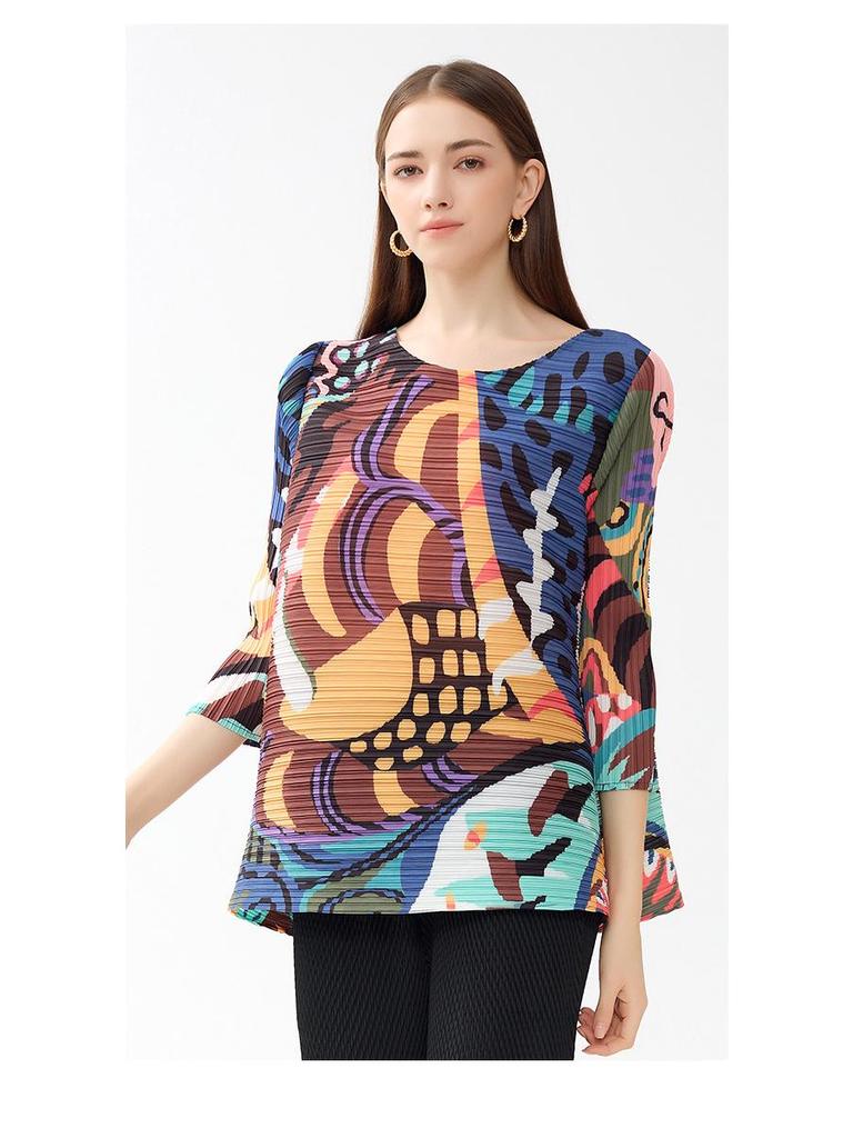 T-shirt plissé à col rond pour femmes Printemps 2025 avec jupe trapèze graffiti - Style décontracté ample