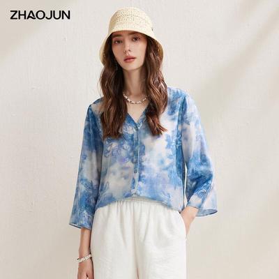 Camicia da Donna Zhaojun in Seta di Gelso Stampata e Tinta con Scollo a V