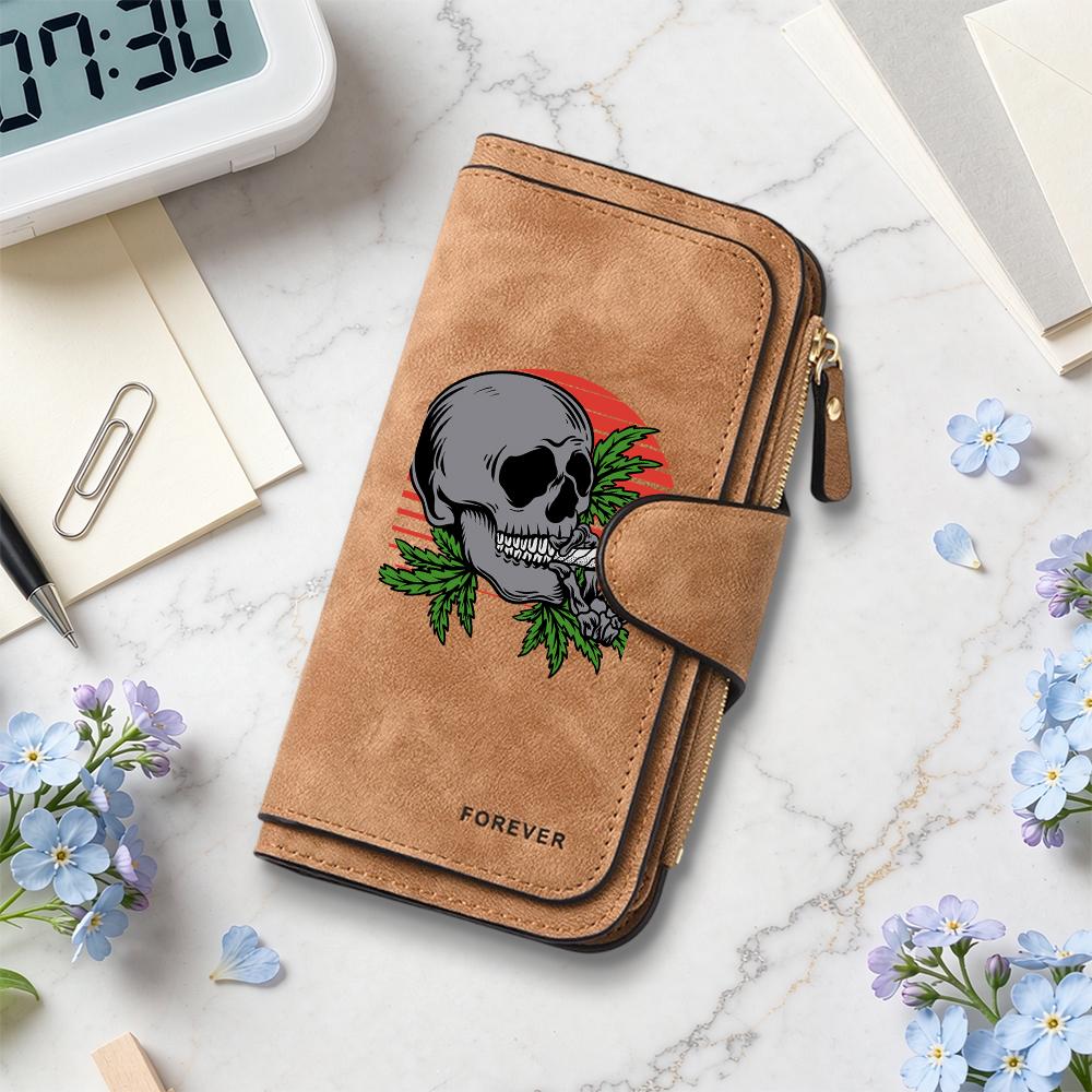 Gothic Skull Print Long Wallet Fashion PU Leather Card Holder Portable Daily Use Purse