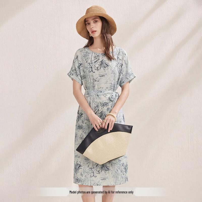 Women's Mulberry Silk Printed Short Sleeve Tie-Waist Dress