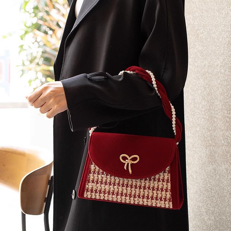 2025 red niche premium sense thousand bird grid velvet bride bag wedding bag gift daily available messenger bag