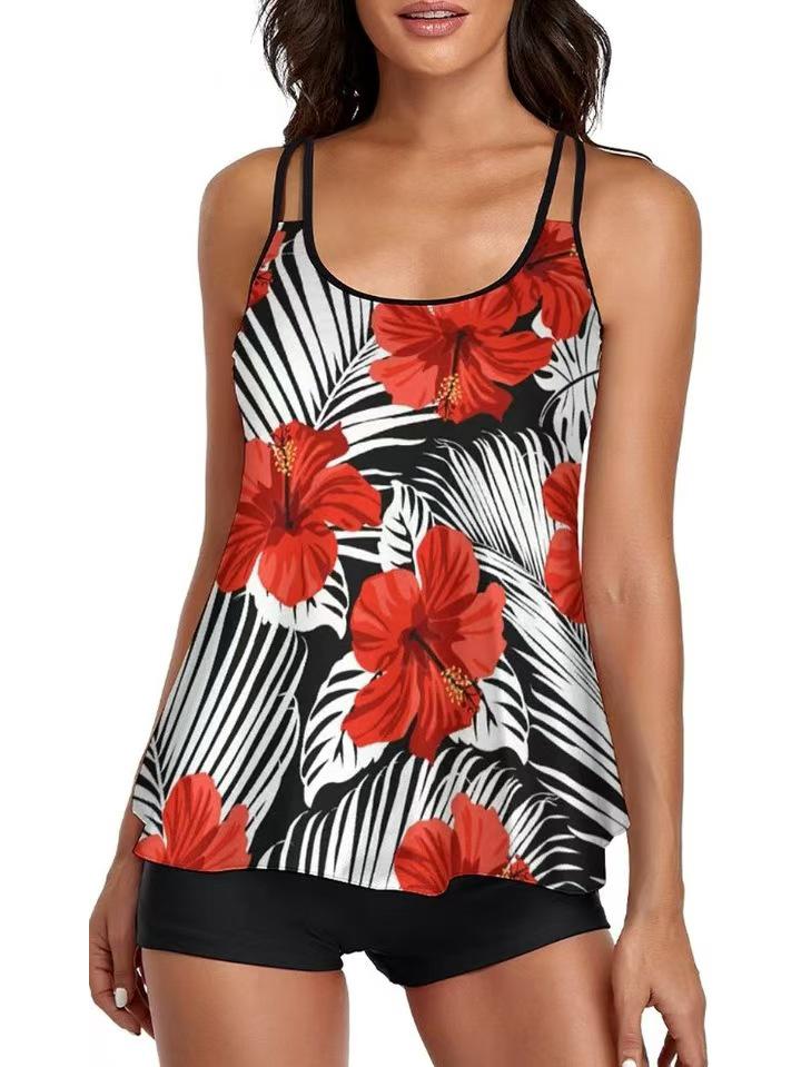 Popular Plus Size Women's Tankini: Halter Vest & Flat Leg Swim Trunks with Loose Print