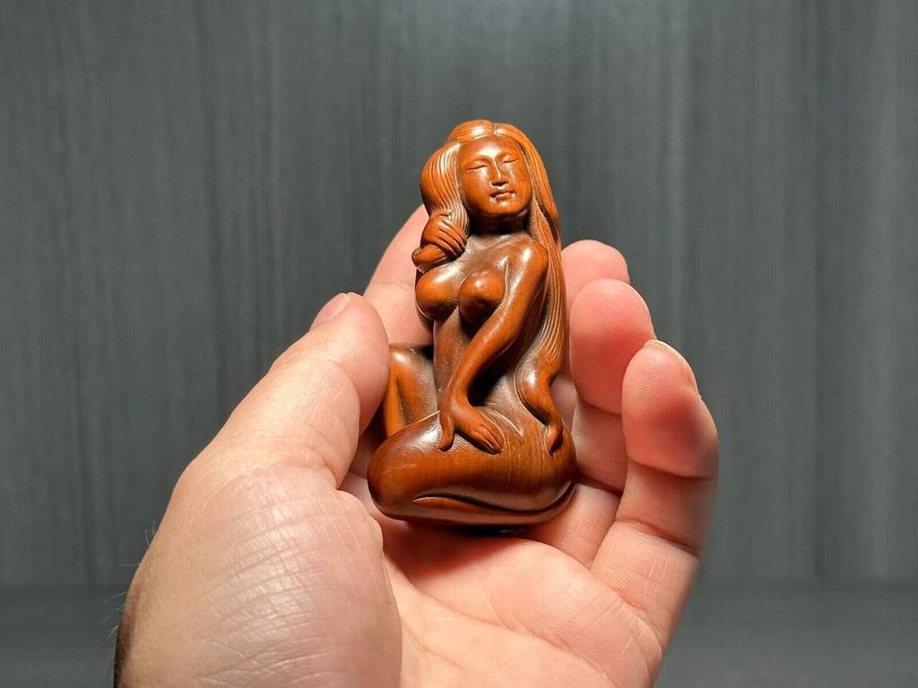 Chinese Antique Boxwood Nicely Carved Sexy Woman Statue Wooden Figurines Artwork