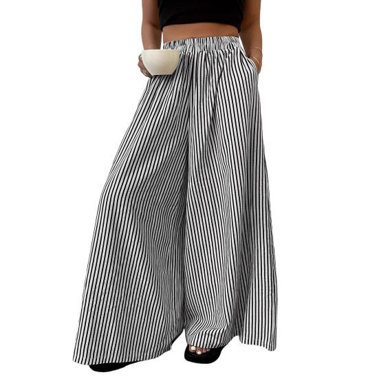 Women Pants with Pockets, Casual Wide Leg Trousers with Elastic Waist, Loose Fit Striped Print Pants for Everyday Wear