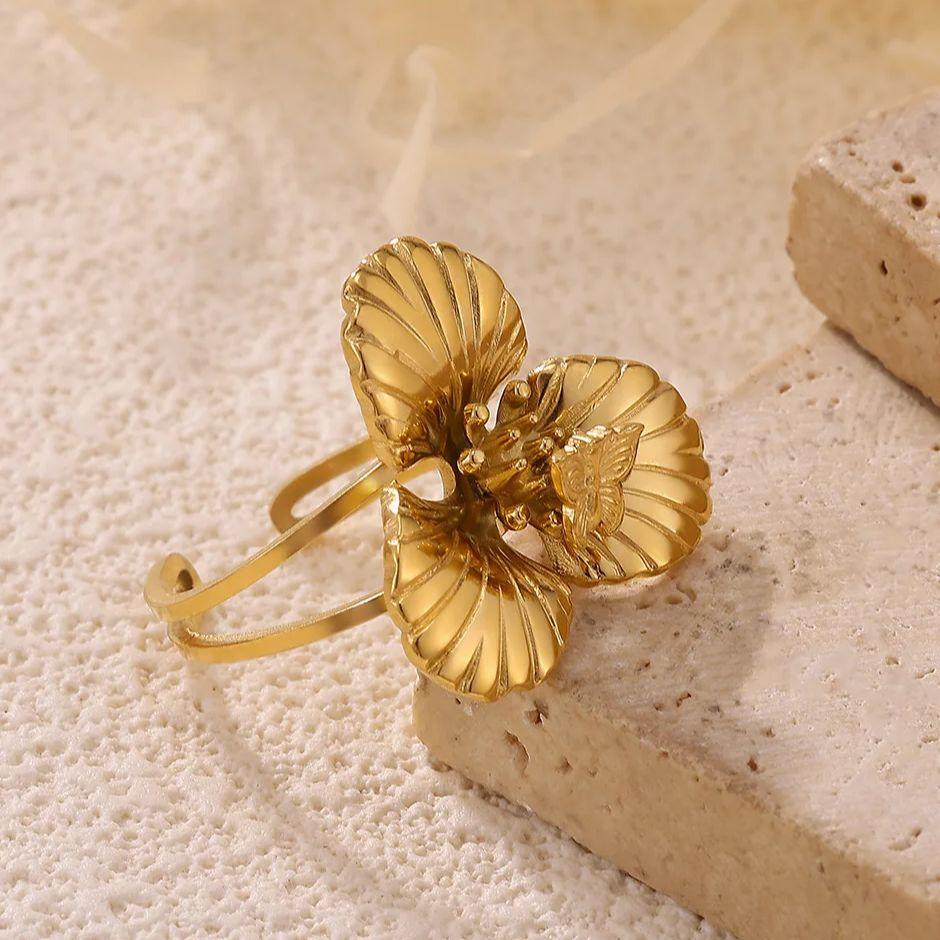 Stainless Steel Butterfly Flower Rings For Women Gold Color Adjustable Flower Ring Wedding Christmas Hypoallergenic Jewelry Gift