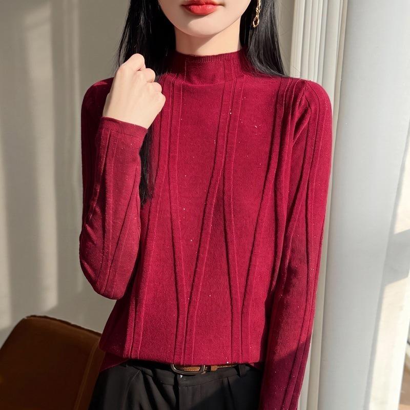 2026 Women's Autumn/Winter Slim-Fit Rhinestone Knit Sweater with Half-High Collar
