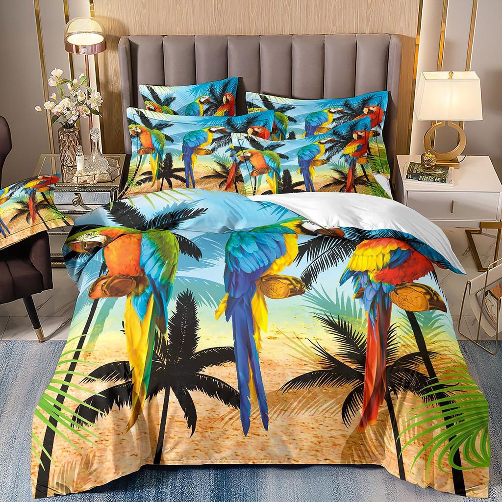 Flamingo Three-Piece 3D Printed Parrot Toucan And Tropical Flower Quilt Cover Pillowcase Bedding