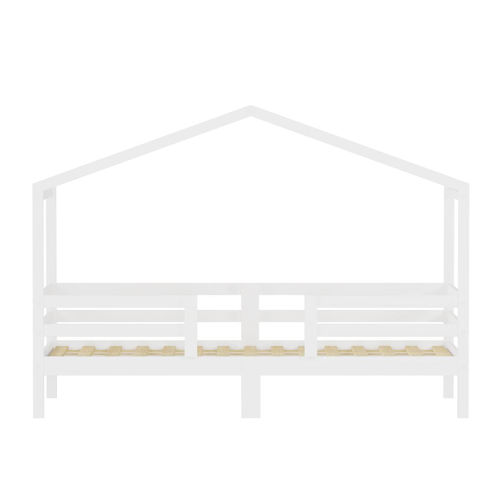 House Bed 90x200 cm, pine, house roof design, three-sided fall protection, slatted frame included, without mattress, color white, DE603090WT
