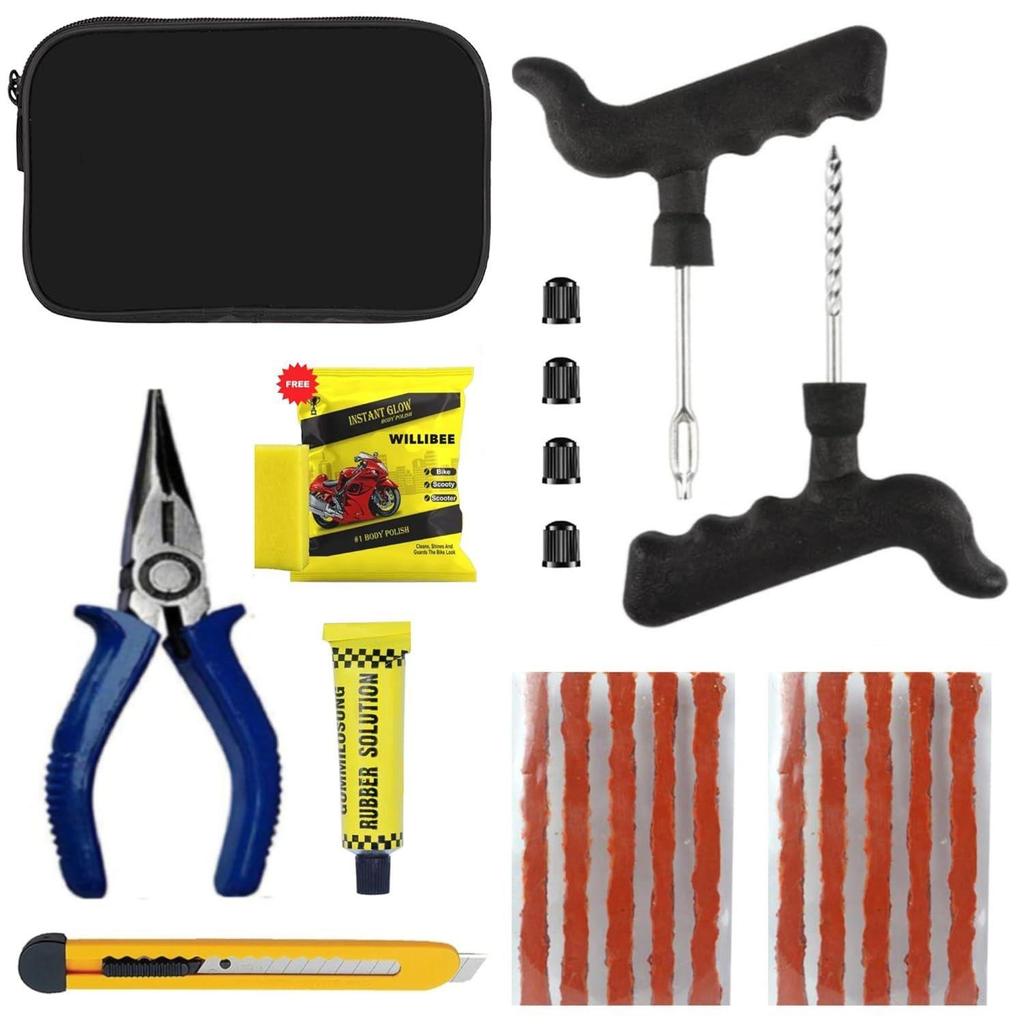 8v1 Sada na opravu bezdušových pneumatik pro auto, kolo, skútr a SUV - Univerzální nouzová sada na opravu defektu (s úložným vakem).